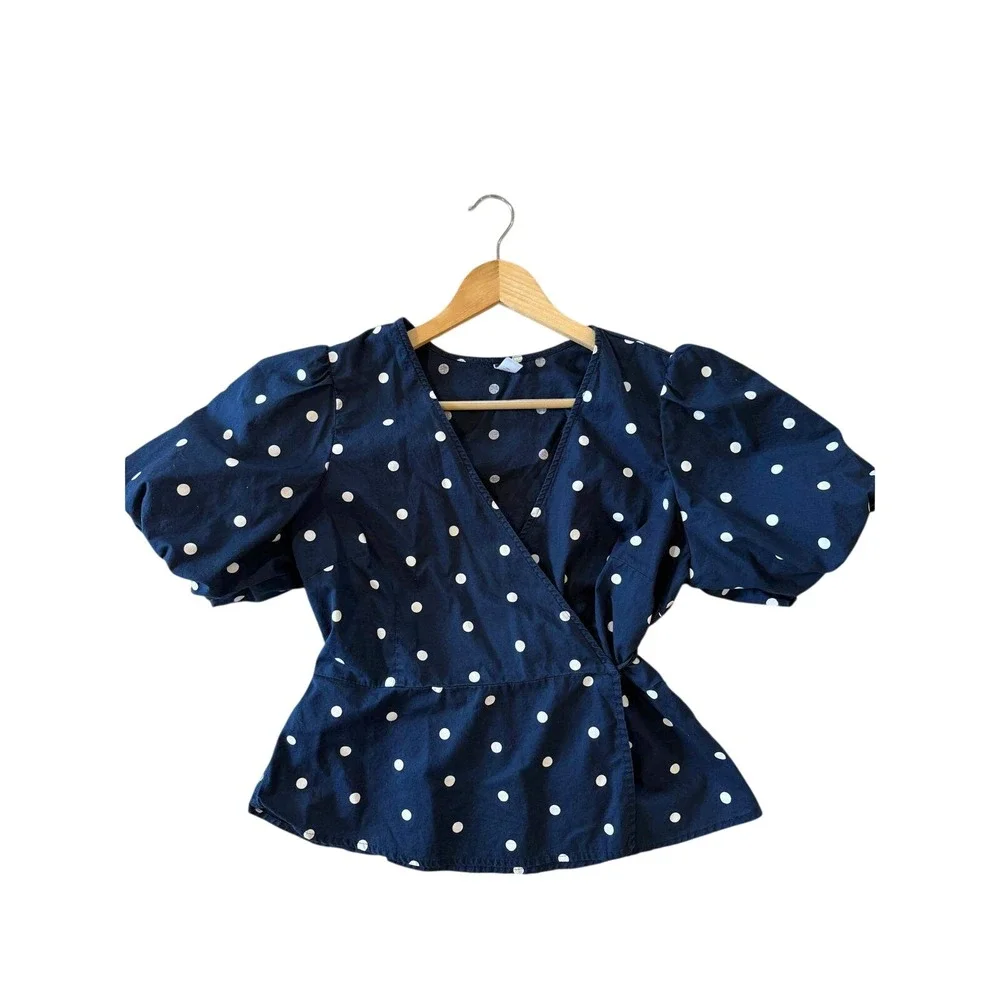 Old Navy Womens Navy Blue Polka Dot Puff Sleeve Wrap Peplum Blouse Top Size L